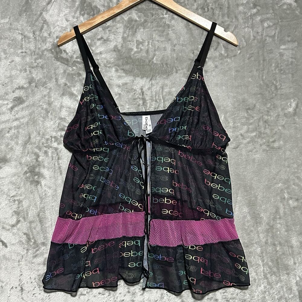 Y2K‎ Bebe Sheer Mesh Babydoll Tie Front Camisole Top Womens 1X Black Whimsygoth